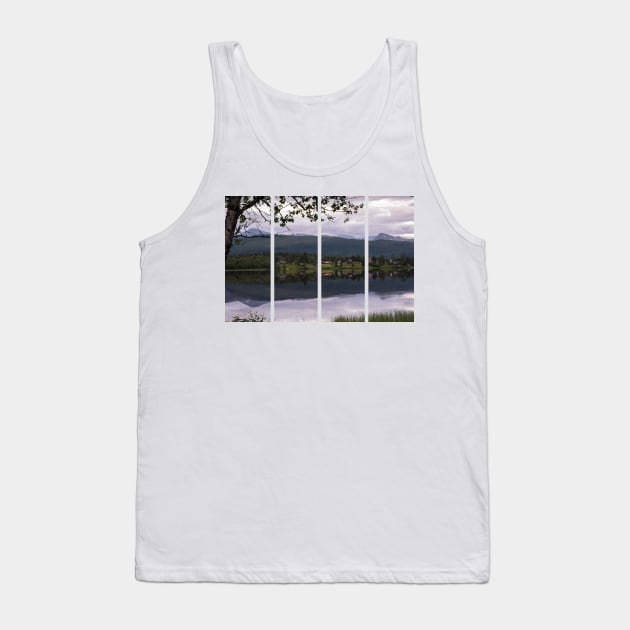 Wonderful landscapes in Norway. Nordland. Beautiful scenery of a valley with houses on the hill. Mirror in the lake. Calm water in a cloudy summer day. Snowed mountains in background. Tank Top by fabbroni-art